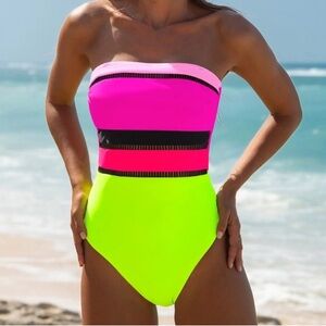 NEW Neon Pink and Yellow Strapless One Piece Swimsuit